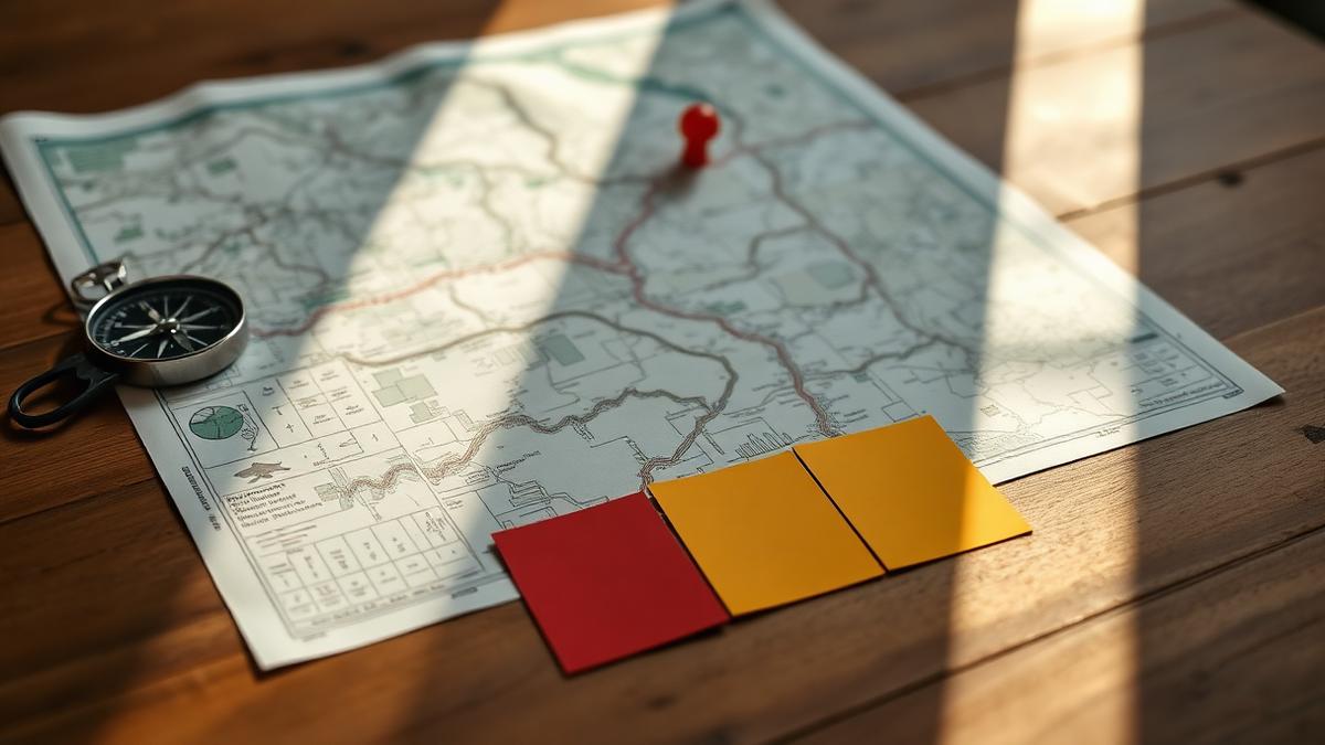 Papierkarte mit Kompass und farbigen Stufenkarten
