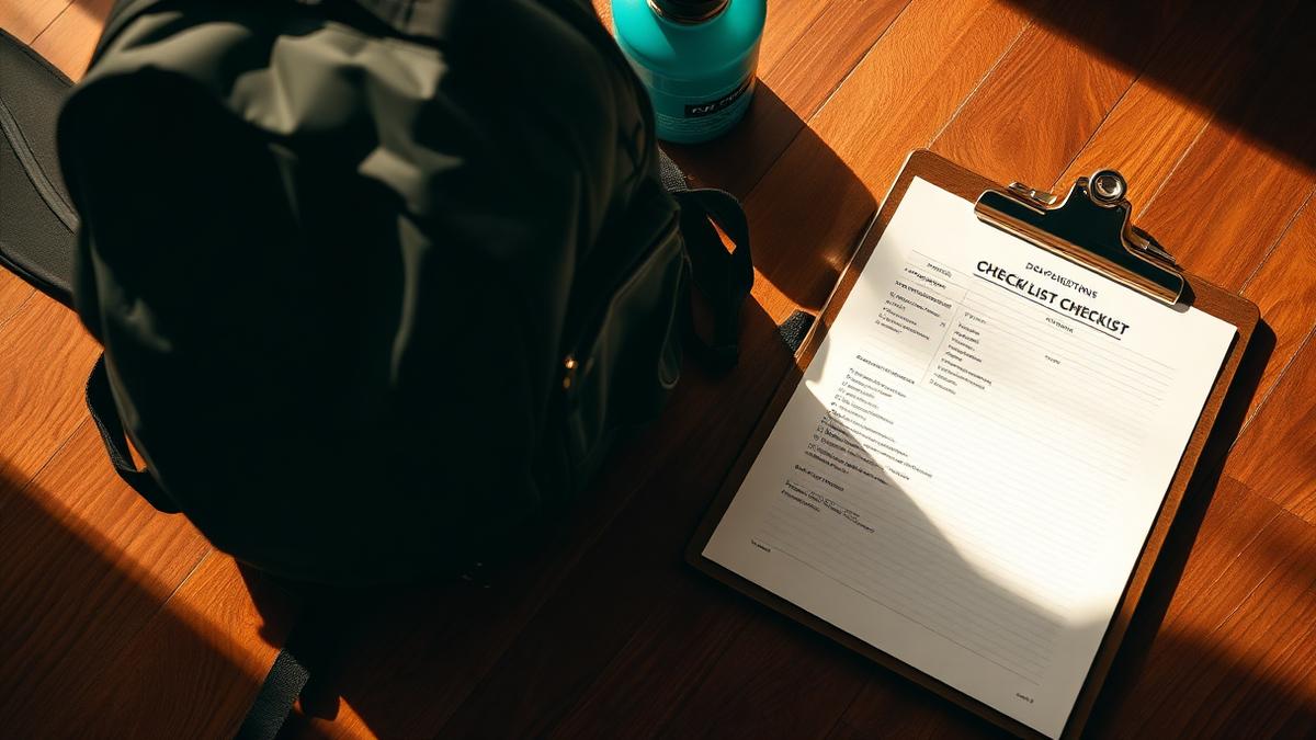 Checkliste auf einem Klemmbrett neben Rucksack und Wasserkanister